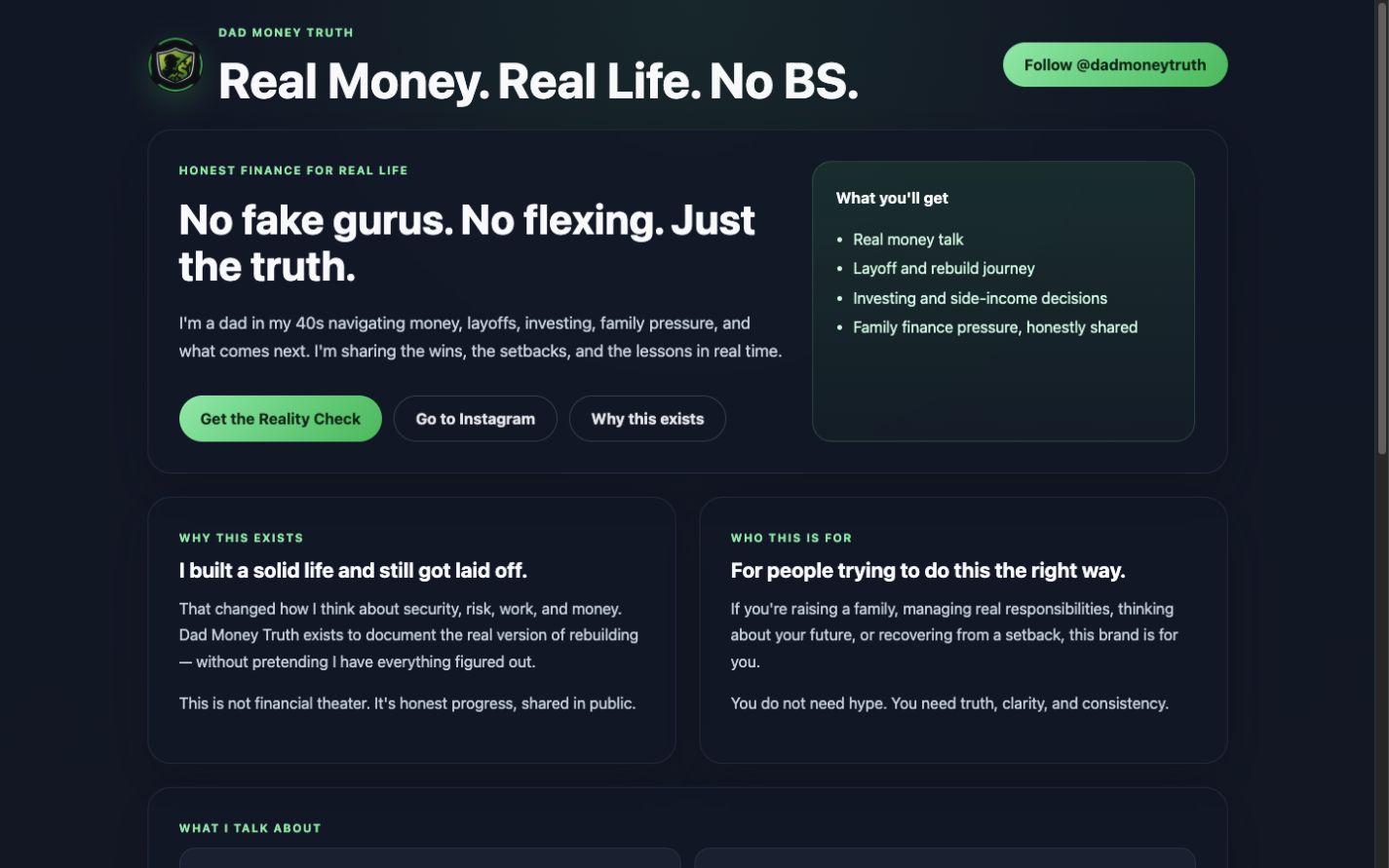 Dad Money Truth homepage with brand story and free resource direction