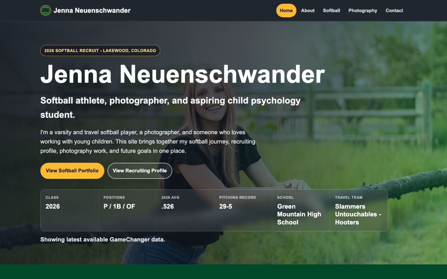 Jenna Neuenschwander website with athlete recruiting and photography pathways