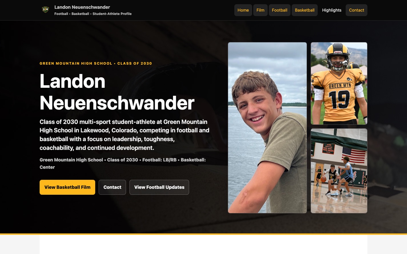 Landon Neuenschwander website with football and basketball pathways