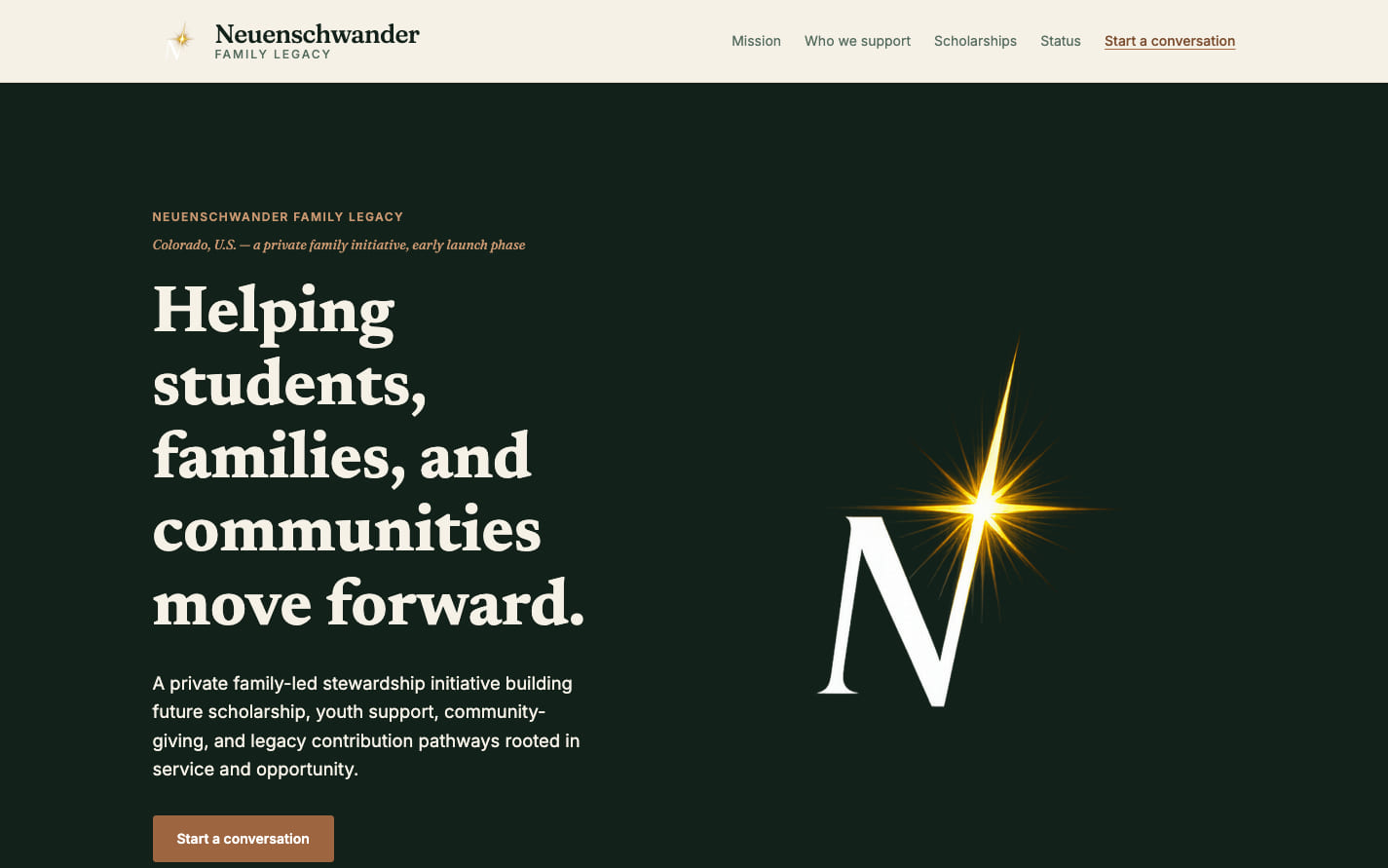 Neuenschwander Family Legacy website with mission and stewardship positioning