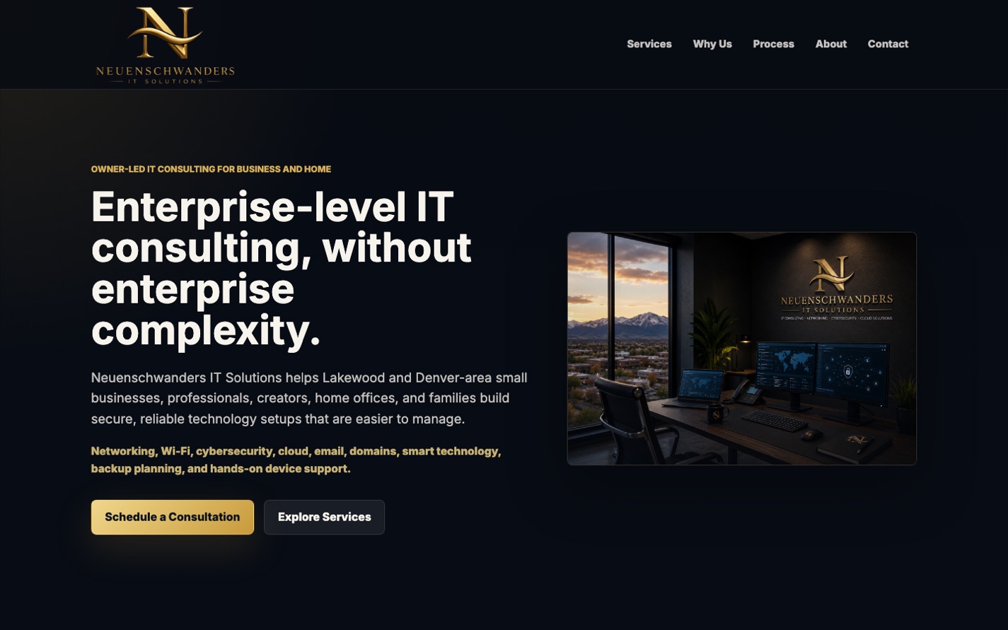 Neuenschwanders IT Solutions homepage with technical consulting message and branded workspace