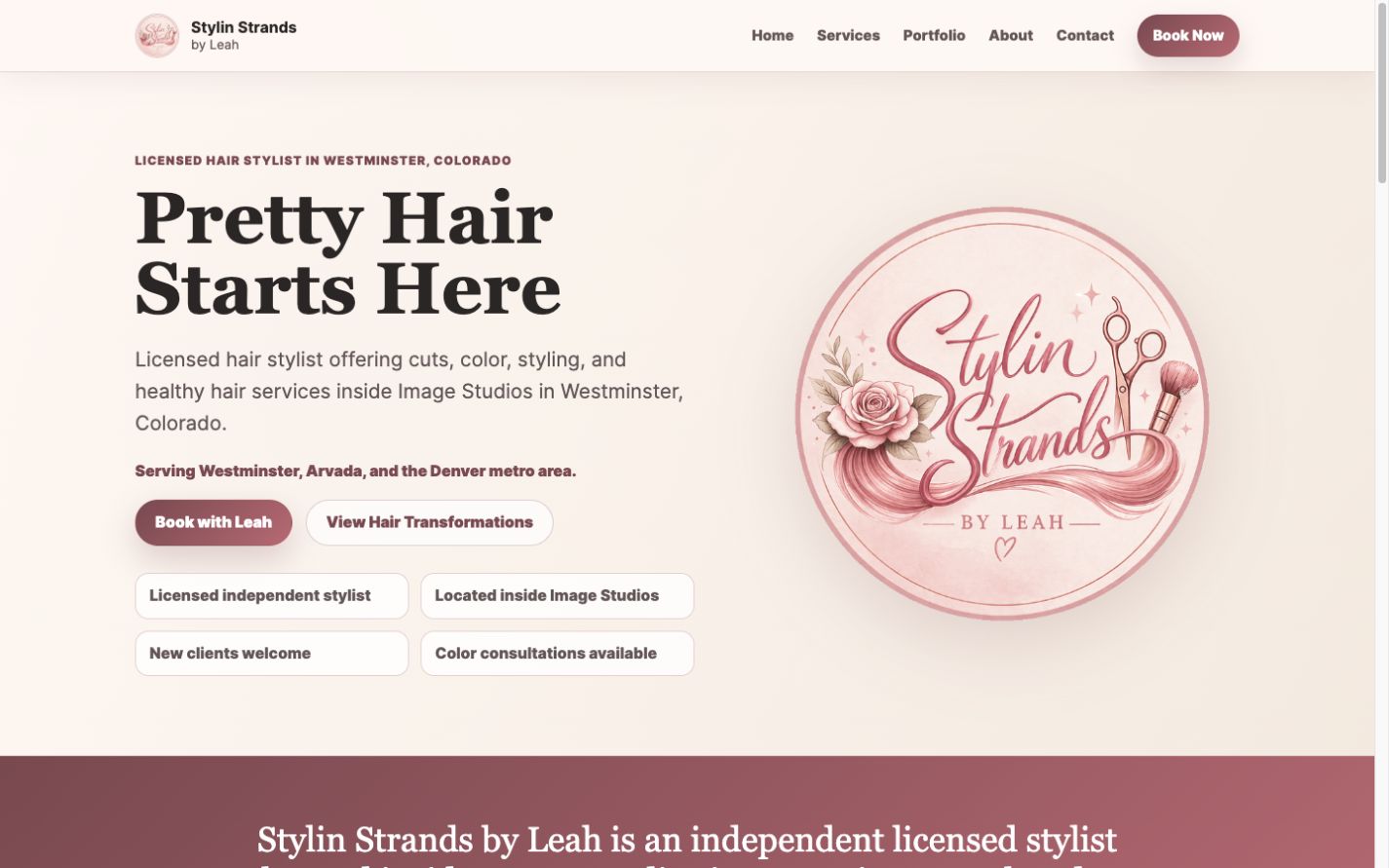 Stylin Strands by Leah website showing hair services, location details, and contact direction